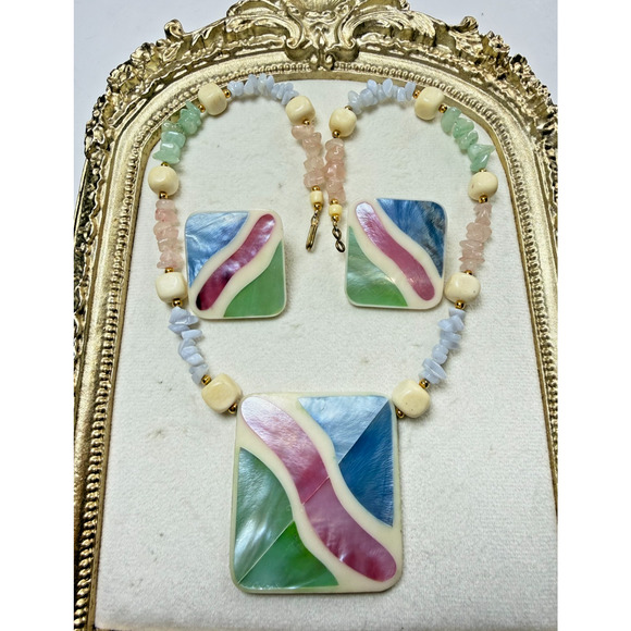 Unbranded Jewelry - Retro 1980's MOP Inlay Bold Necklace & Earring Set Colorful Pastel Chunky Lucite